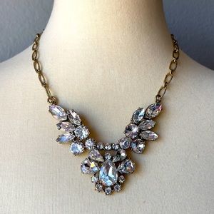 Vintage J.Crew Signed Clear Rhinestone Statement Necklace Antique Gold Tone